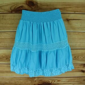 Blue A-Line Skirt Floral Lace Accents Womens Size M Elastic‎ Waist Cotton Want!